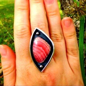 Pink Veined Rhodochrosite Gemstone Sterling Silver Band Statement Ring NEW